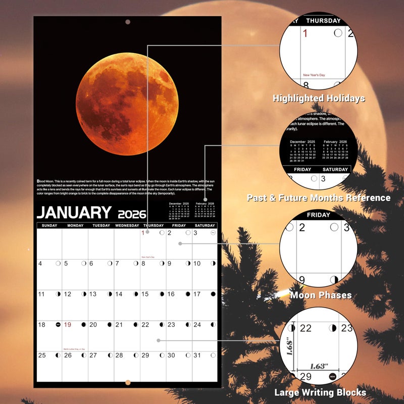 MaaIbok 2025-2026 Wall Calendar - Calendar 2025-2026, July 2025 - December 2026, 12''    24''(Open), 2025-2026 Calendar with Moon Phases, Hanging Holes, Large Blocks, Perfect for Organizing & Planning - Image 2